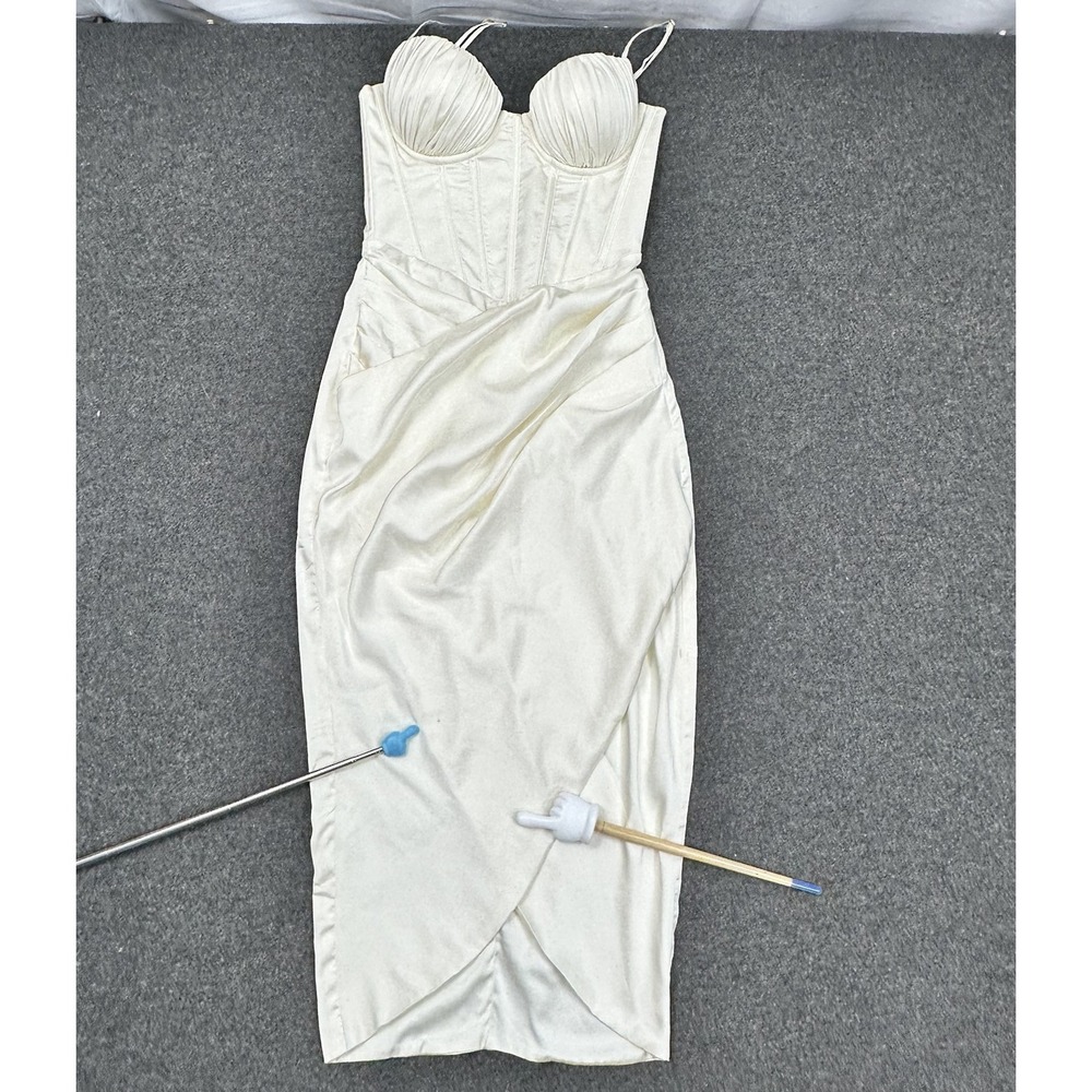 Oh Polly Womens Corset Midi Dress Ruched Satin Ivory Bodycon Size US 4